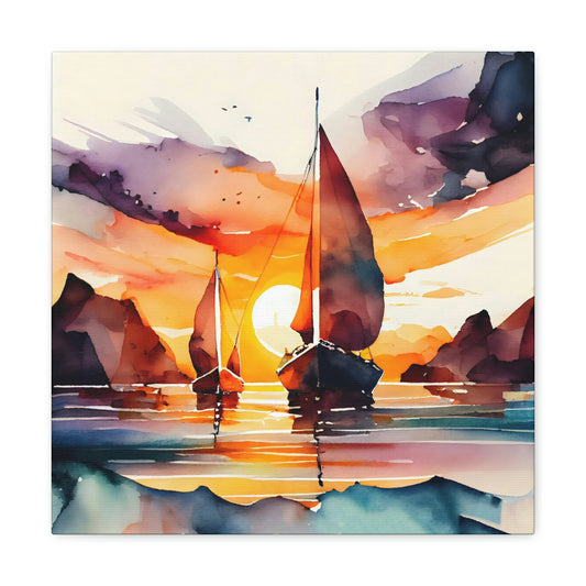 yachts on the water canvas art in a studio, sailboats on the ocean canvas art print hanging on the wall, ocean boat theme canvas in a nautical theme room