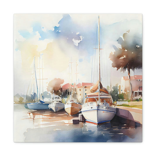 colorful sunset over the water with yachts in the harbor canvas wall art, ocean theme boats docked canvas hanging on a wall, sailboat canvas art print displayed in a nautical theme room