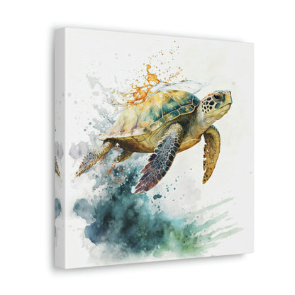 watercolor sea turtle design on canvas in a nautical theme room, sea turtle canvas wall decoration, sea turtle canvas art print hanging in a coastal theme room