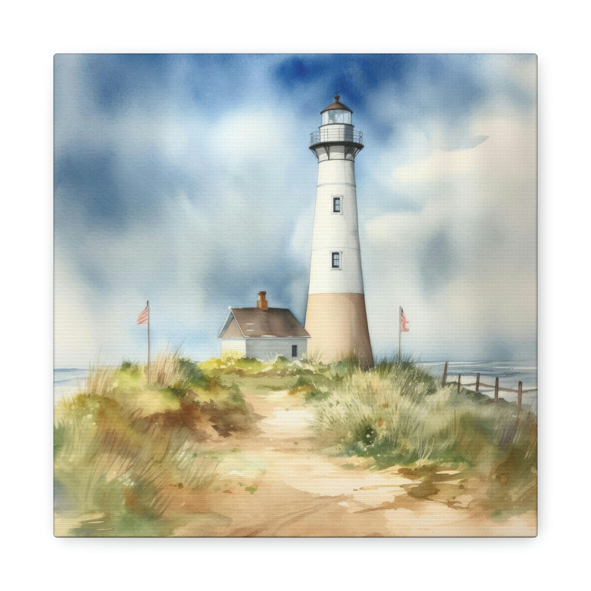 blue skies with lighthouse by the sea canvas art print, lighthouse canvas decoration for nautical theme room, canvas with lighthouse on it