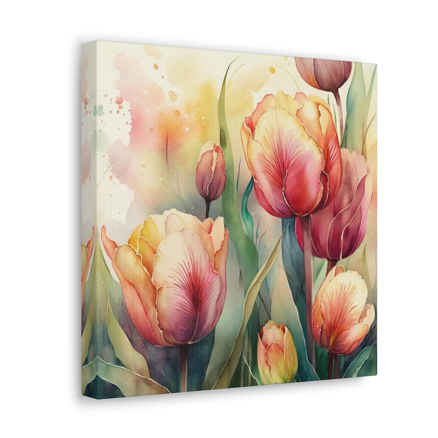 tulips in a garden art print, red and yellow tulip design on canvas, watercolor tulip wall art, tulip decor, floral wall hanging
