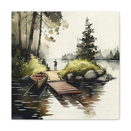riverboat with man on a pier canvas wall art, riverboat canvas hanging on a wall in a coastal theme room, boat on the river canvas art print