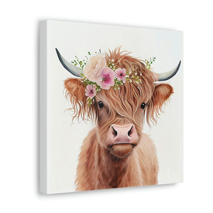 floral highland cow canvas wall art, floral cow wall decor